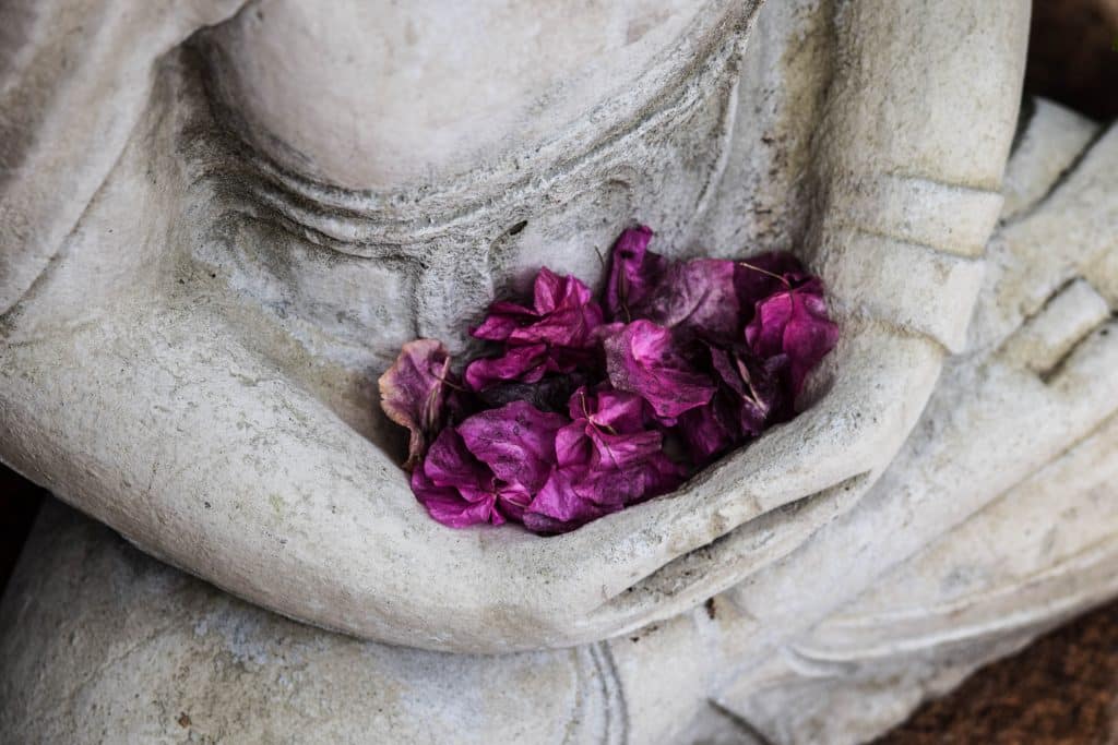 Estatua en meditación con flores simbolizando retiro de bienestar y crecimiento personal